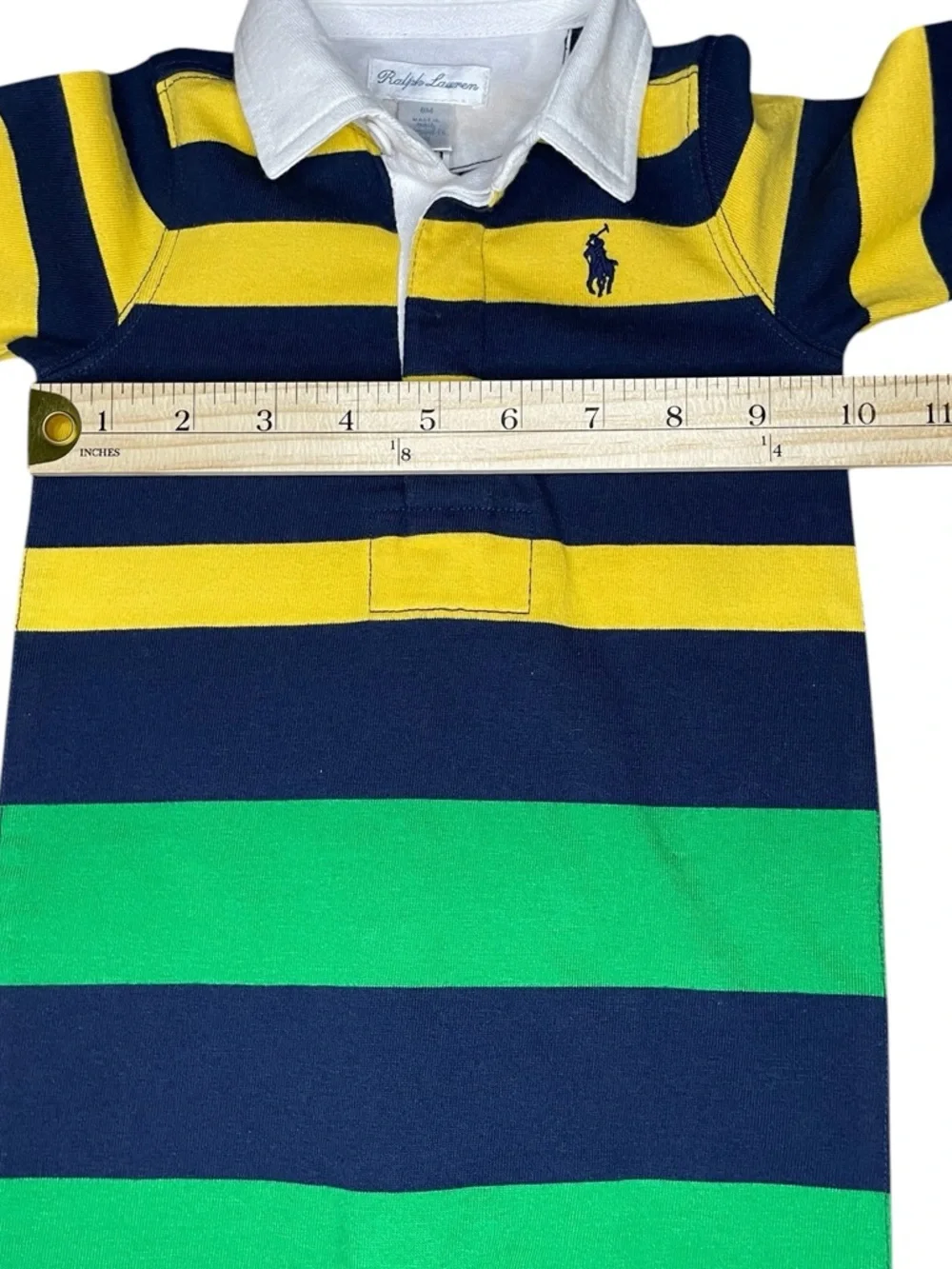Ralph Lauren Blue, Green, & Yellow Rugby Coverall/Romper- 6 Months